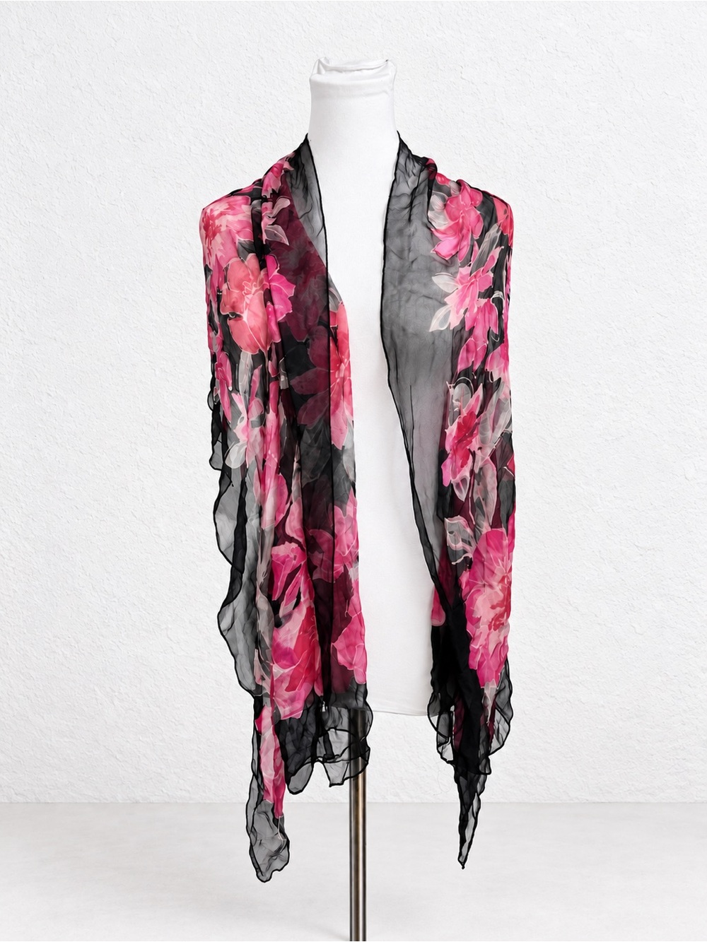 Vintage 100% Silk Black Pink Floral Chiffon Scarf Wrap Shawl